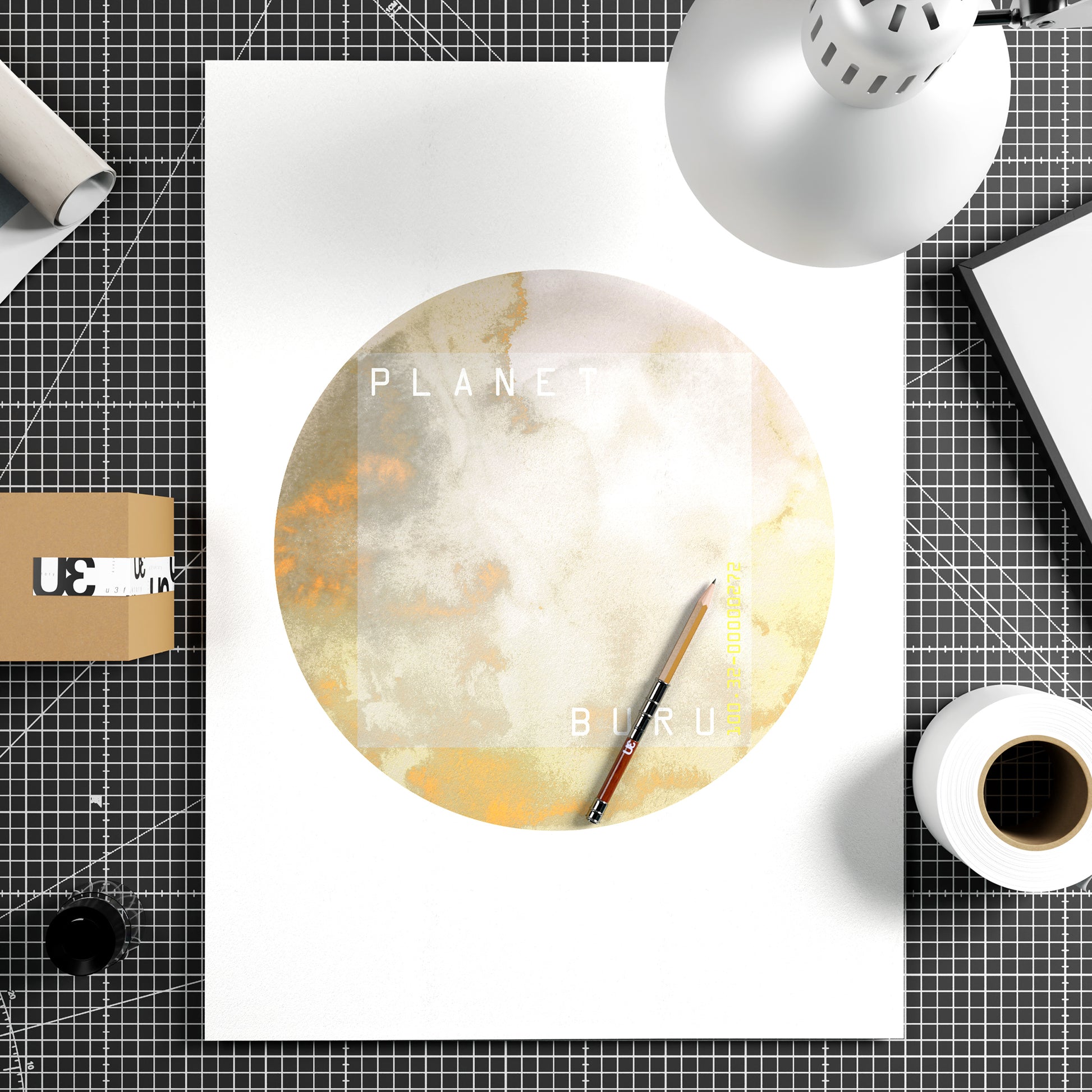 Pastel bright colors planet, minimalist watercolor graphic art print on paper.