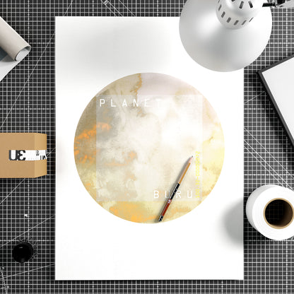 Pastel bright colors planet, minimalist watercolor graphic art print on paper.