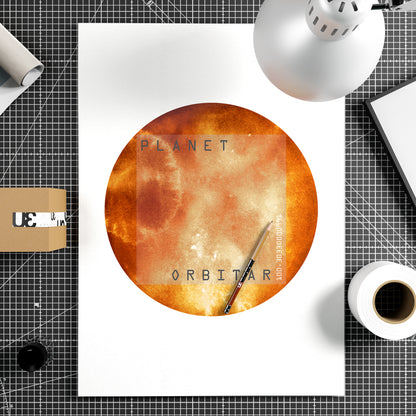Red planet, minimalist watercolor graphic art print on paper.