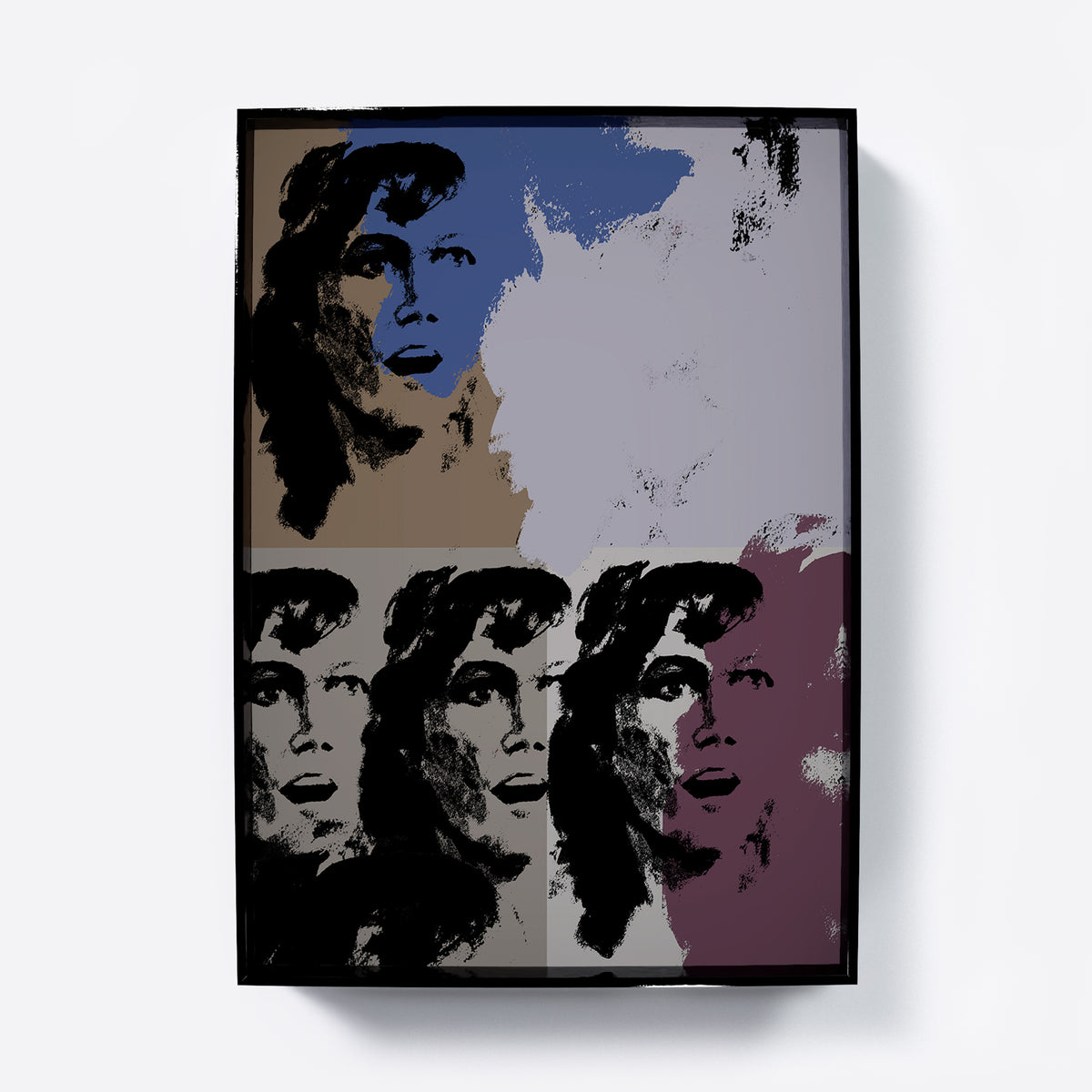 Framed artwork with stylized portraits in multiple colors on a white background