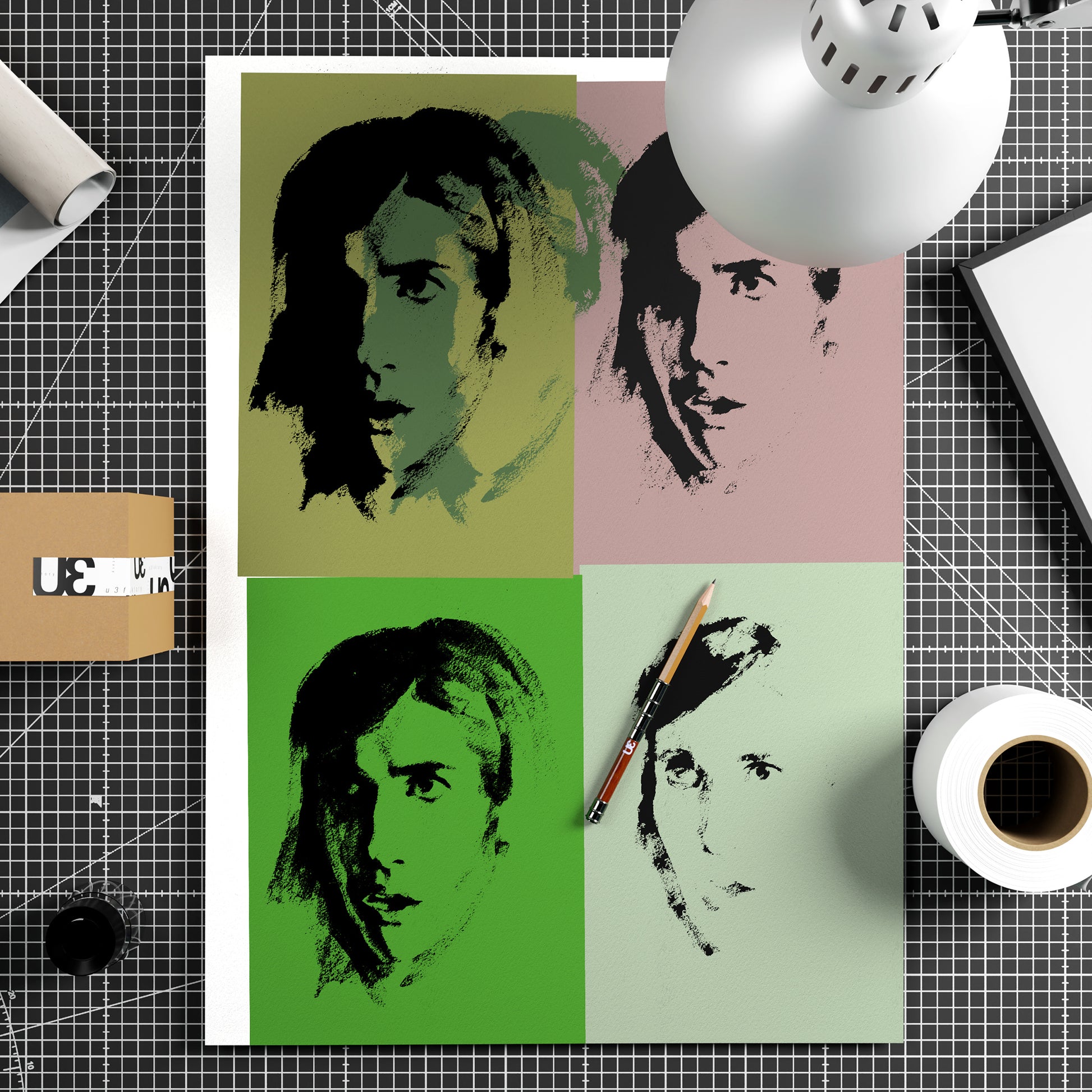Green portrait repetition pop art art print on paper.