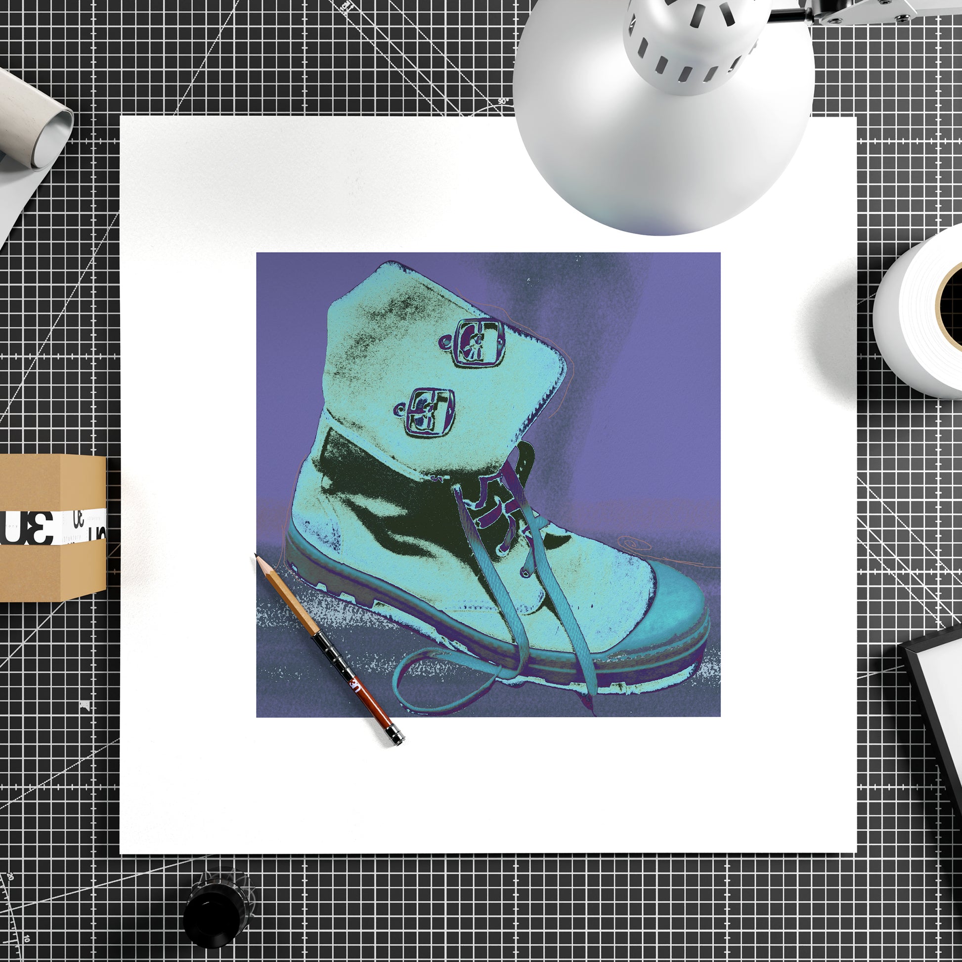 Purple boot pop art art print on paper.