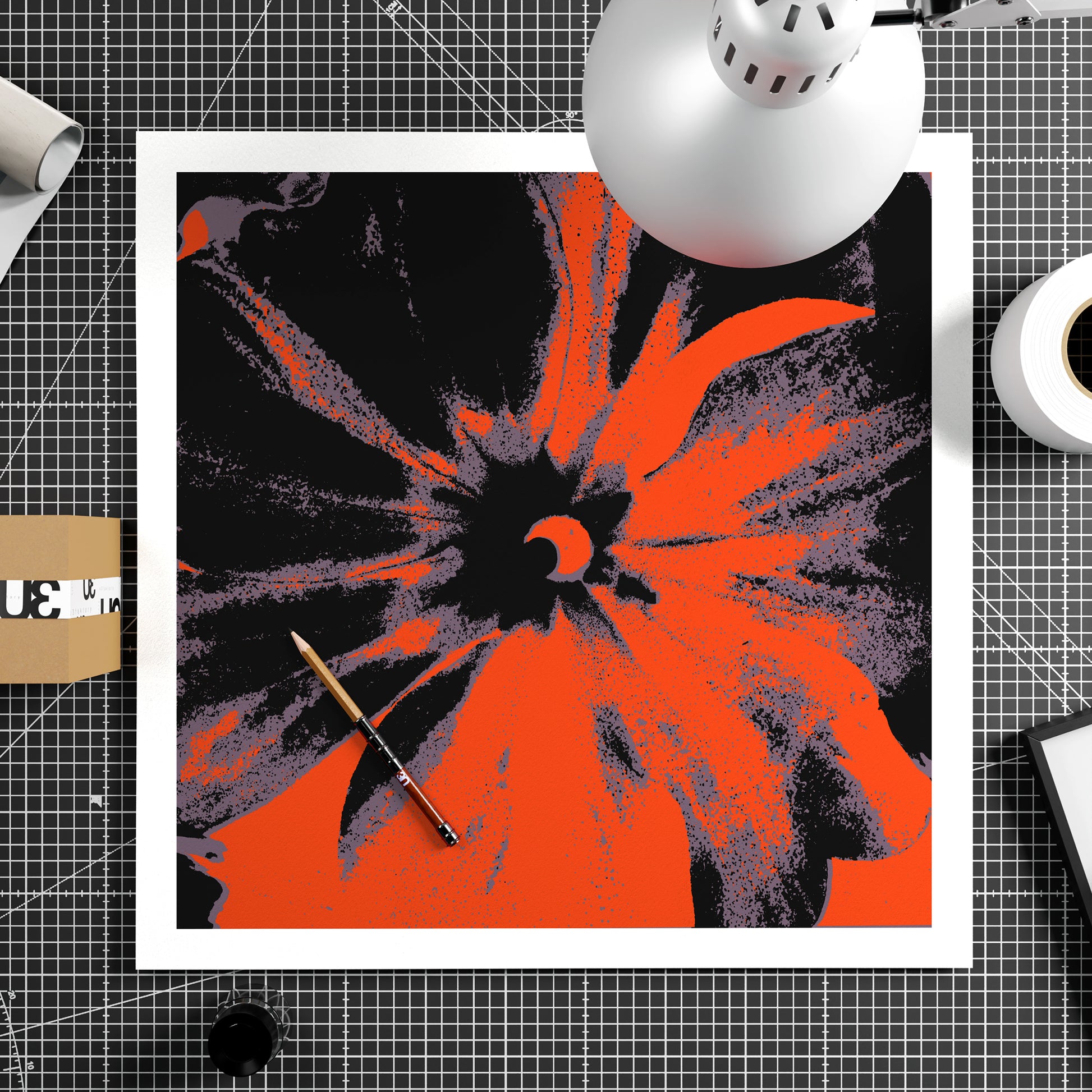Black and red flower pop art art print on paper.