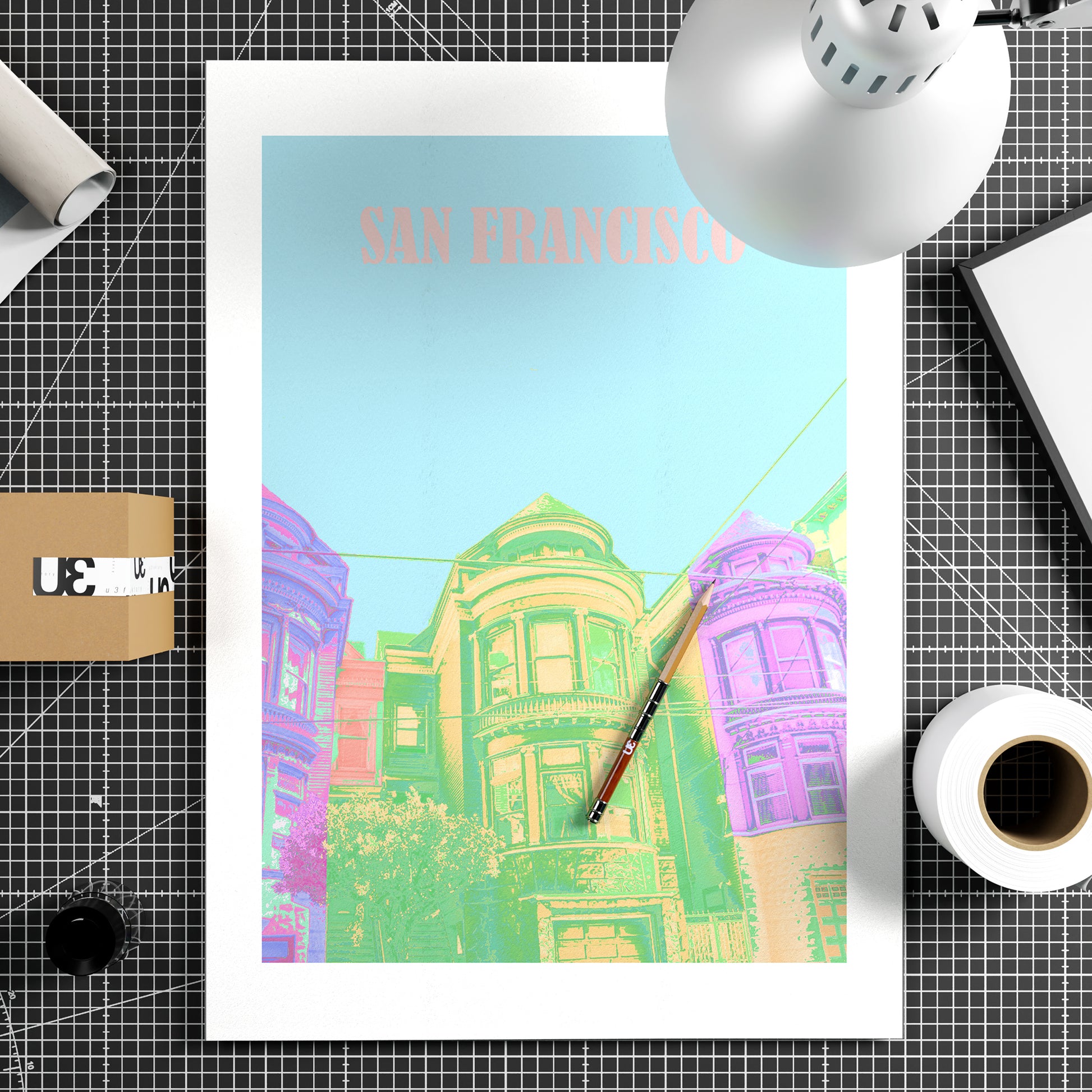 Travel poster San Francisco landmark colorful art print on paper.