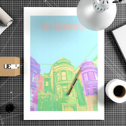 Travel poster San Francisco landmark colorful art print on paper.