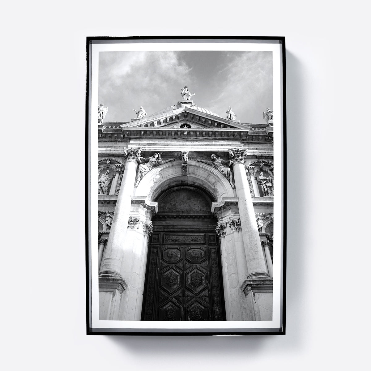 Majestic baroque Venetian church facade, black and white artistic photography art print.