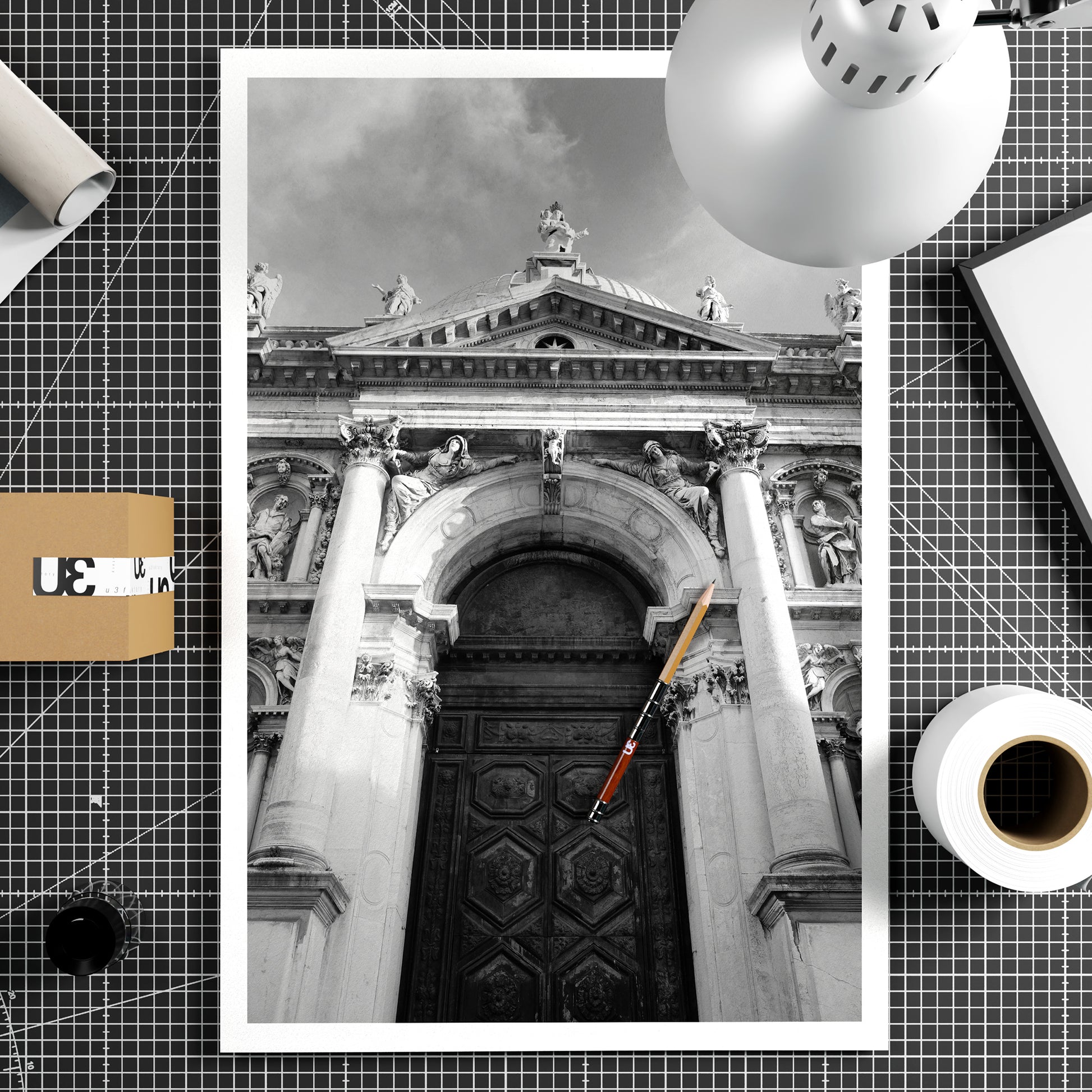 Majestic baroque Venetian church facade, black and white artistic photography art print on paper.