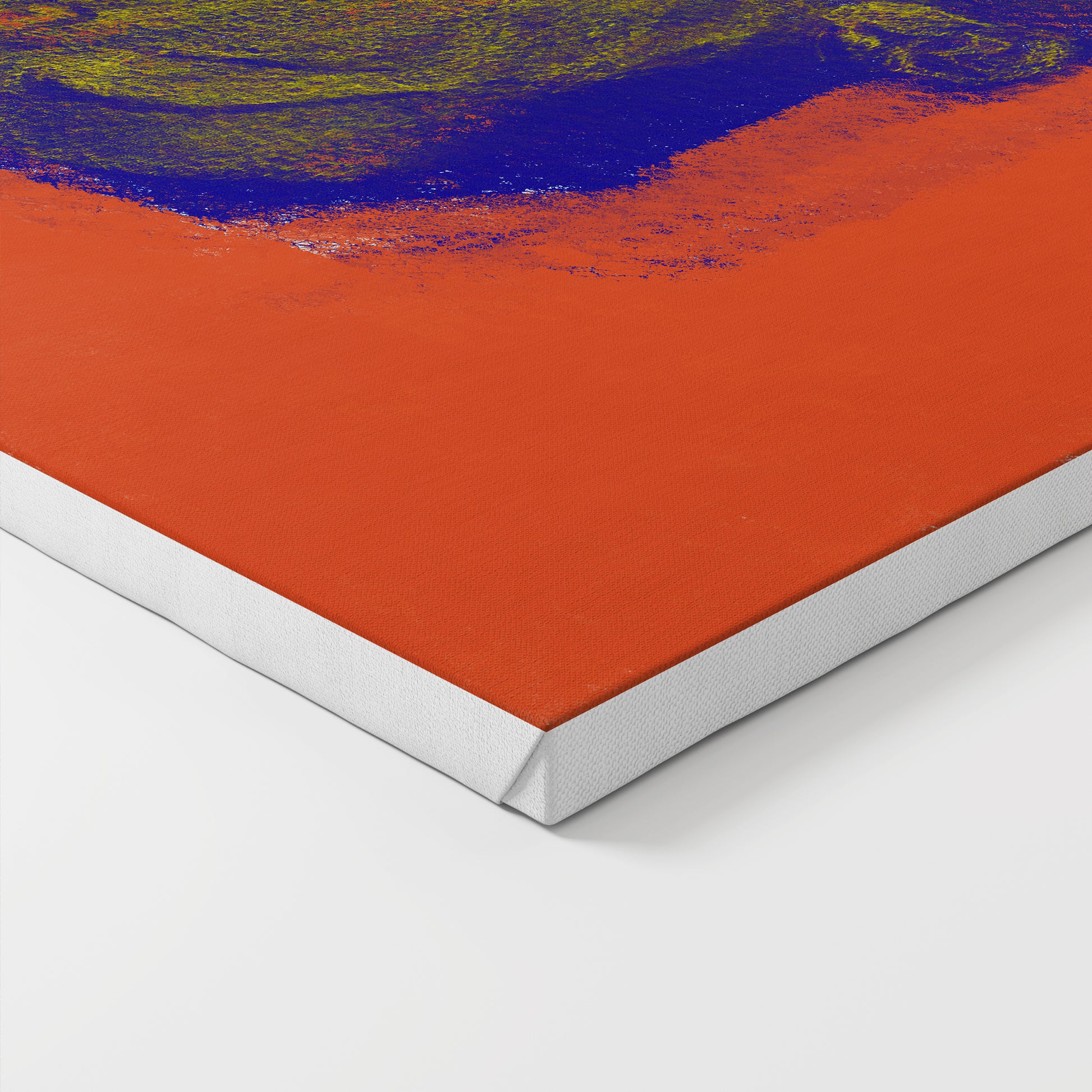 The corner of a canvas art print of a contemporary portrait.