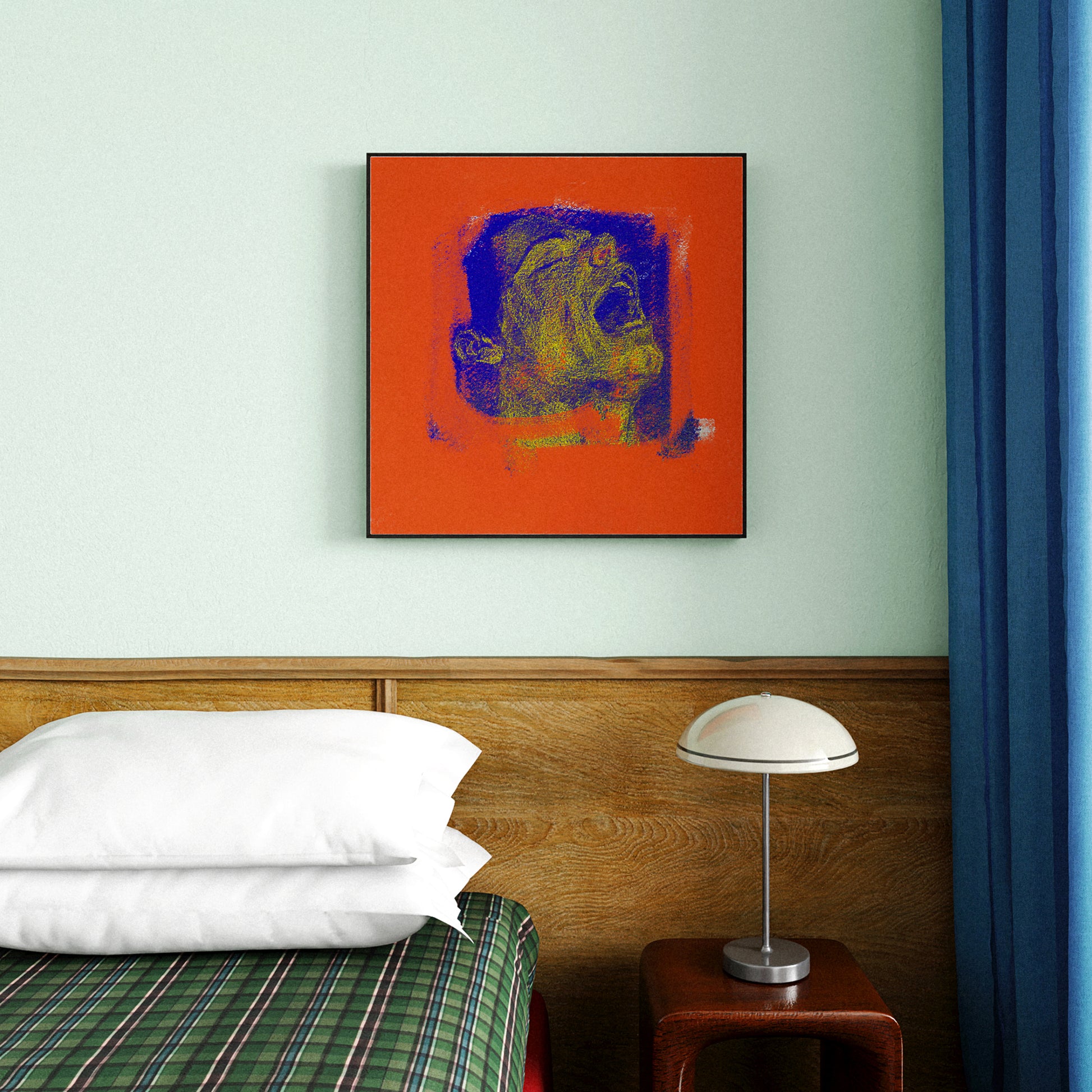 A vintage looking bedroom with a framed contemporary art print on the wall