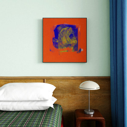 A vintage looking bedroom with a framed contemporary art print on the wall