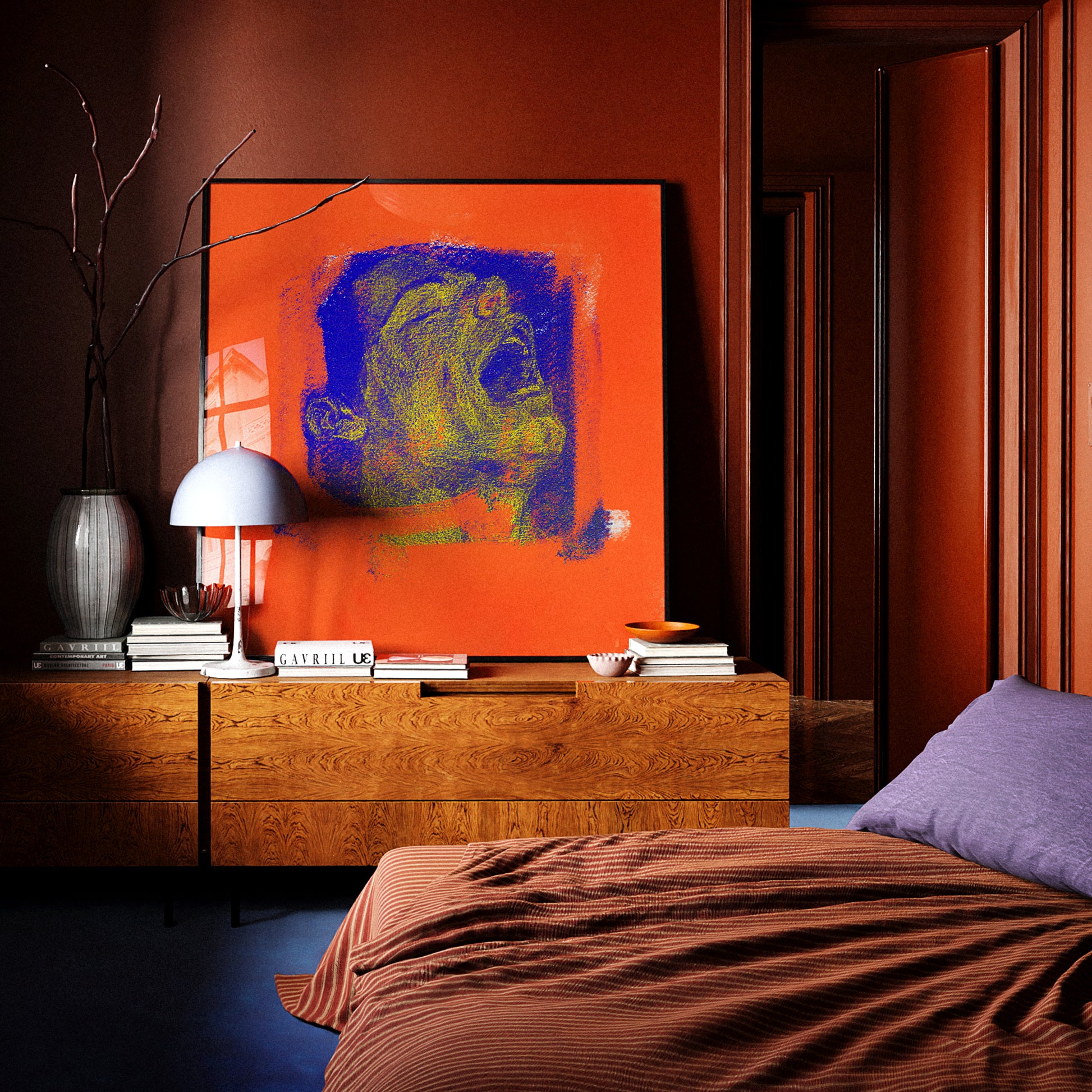Framed contemporary art print sitting on a modern credenza in a moody bedroom