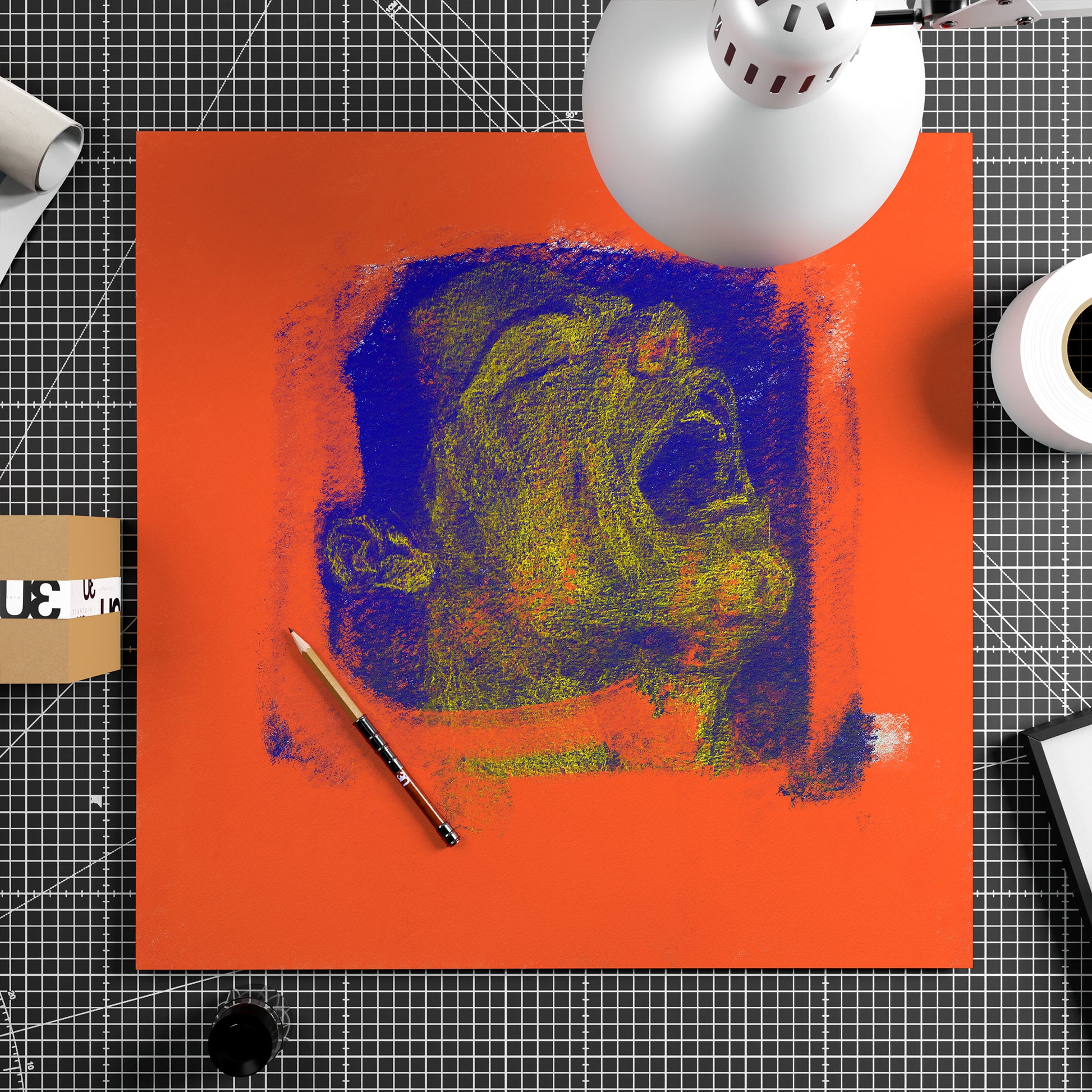 Unframed contemporary art print of a male portrait covered by red paint sitting on a work desk.