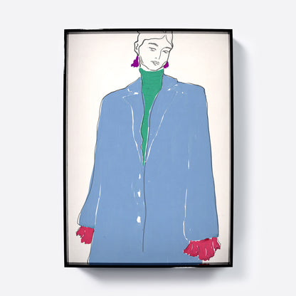 Framed fashion illustration print of a woman wearing a blue coat over green sweater on neutral background.