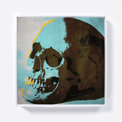 Framed artwork of a stylized skull with abstract design on a light blue background
