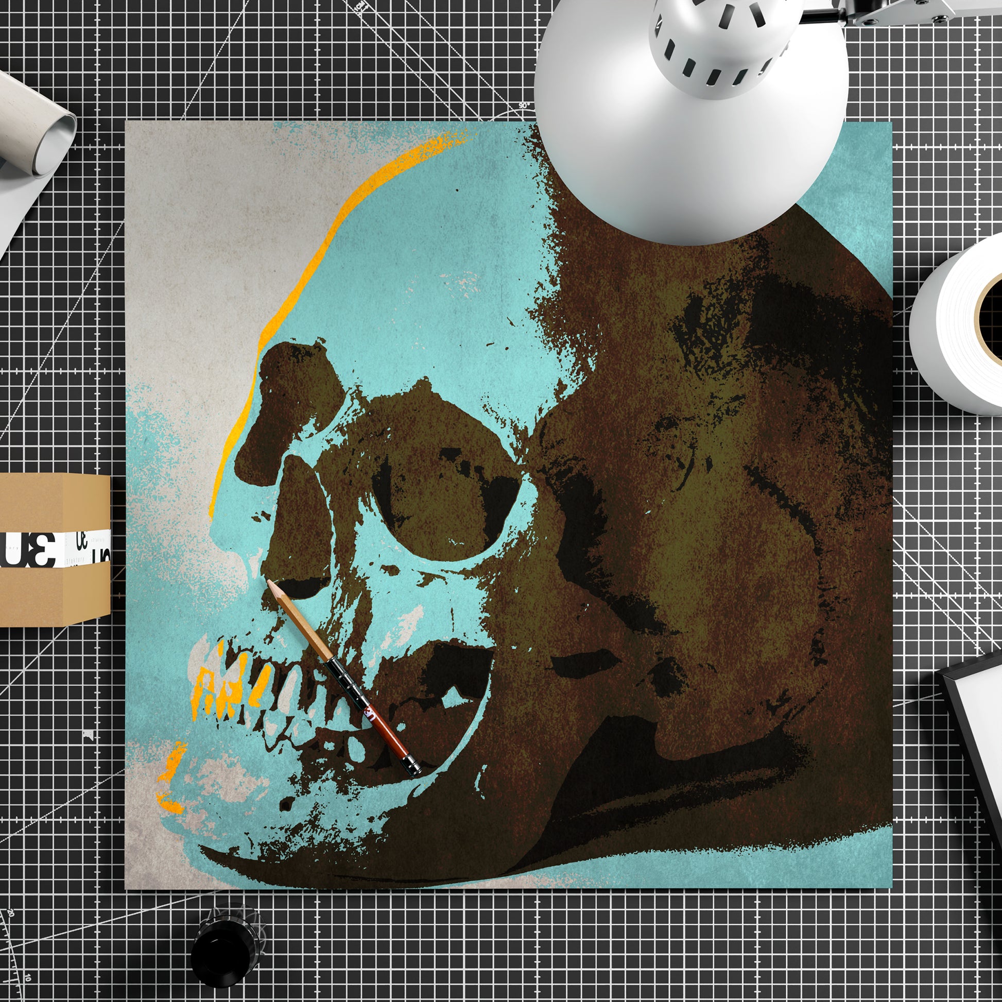Blue skull pop art art print on paper.