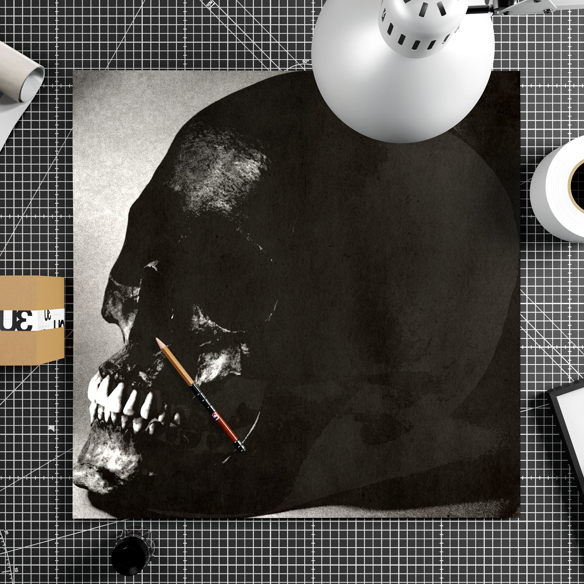 Black and white skull pop art art print on paper.