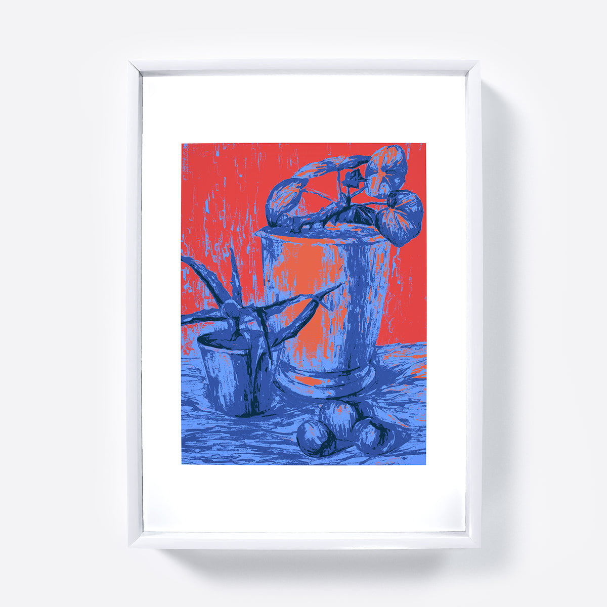 Red and blue still life with plants, pop, graphic art print.
