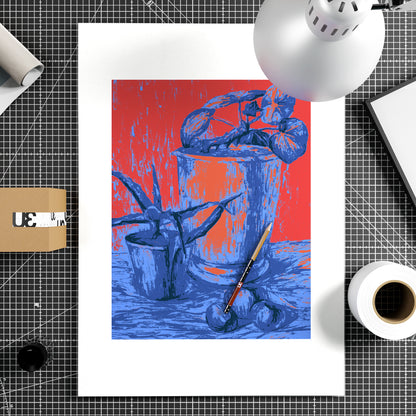 Red and blue still life with plants, pop, graphic art print on paper.