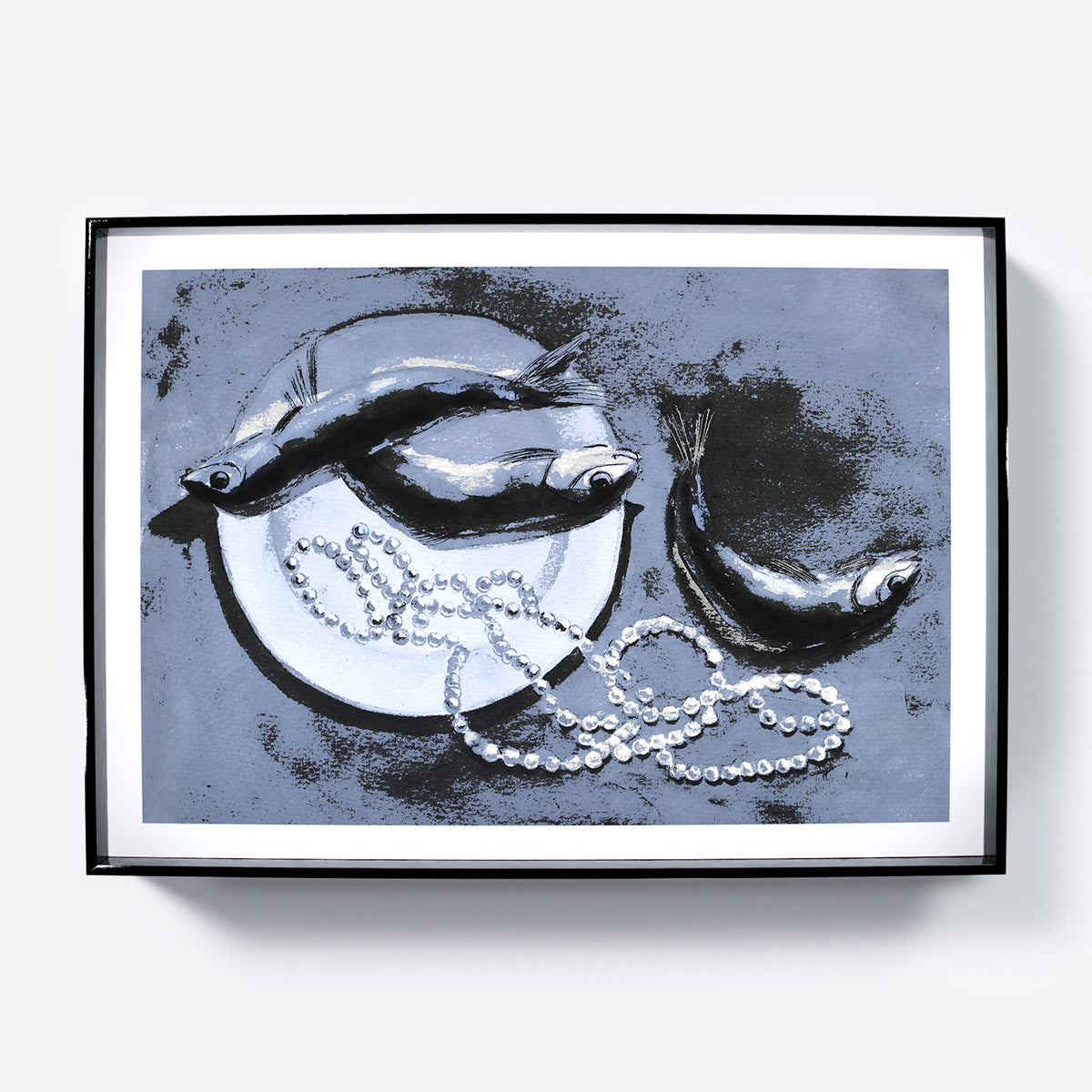 Framed artwork with fish and a necklace on a textured blue background.
