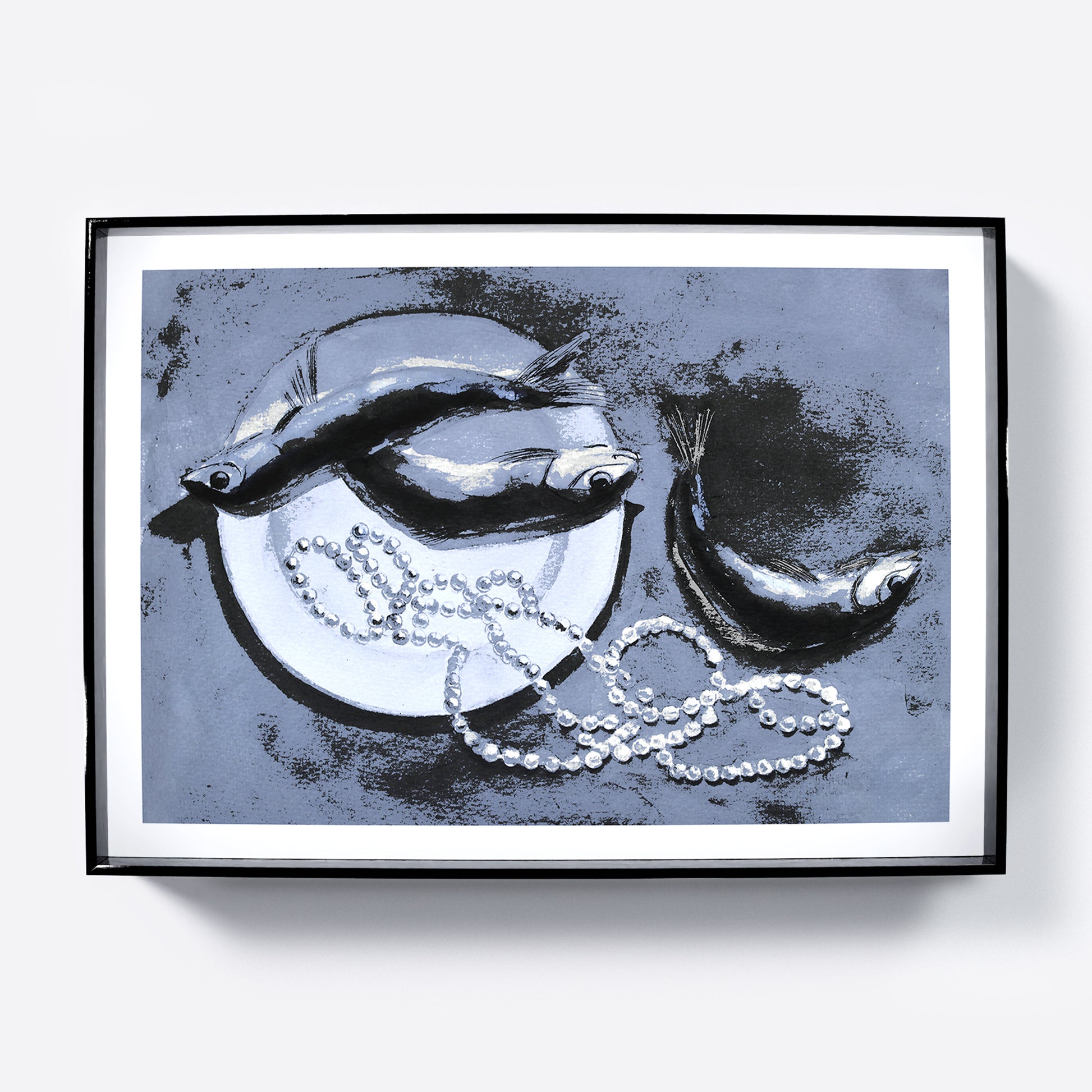 Framed artwork with fish and a necklace on a textured blue background.