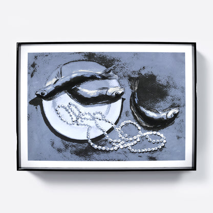 Framed artwork with fish and a necklace on a textured blue background.