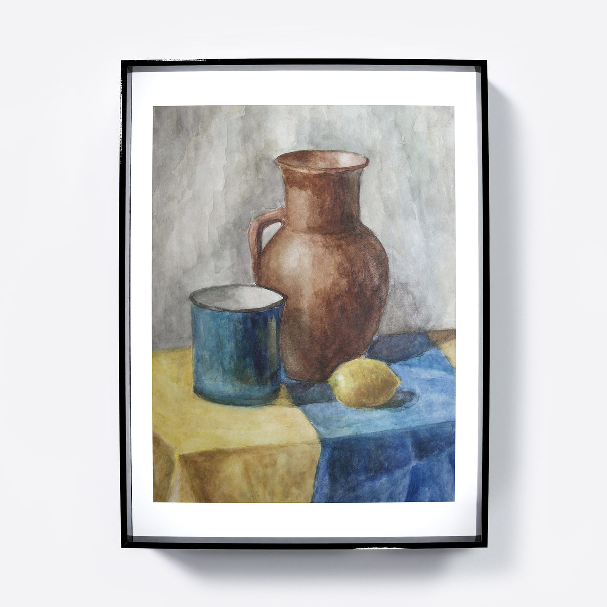Watercolor still life study with lemon, naive art print.
