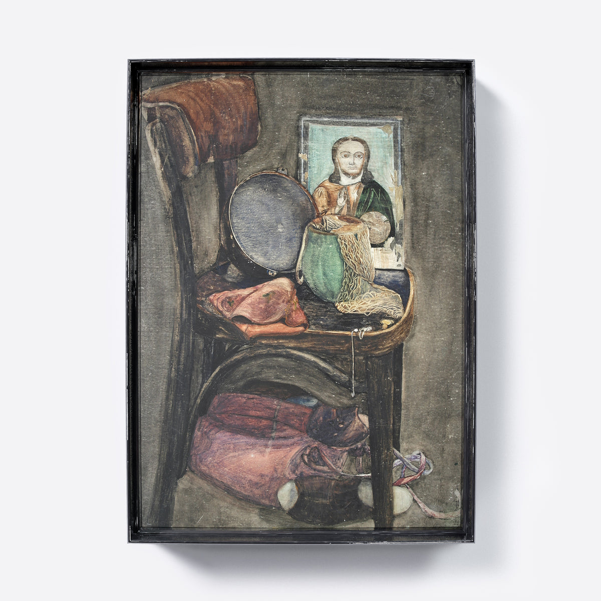 High quality limited edition figurative art print with vintage wooden chair, orthodox icon and various other objects.