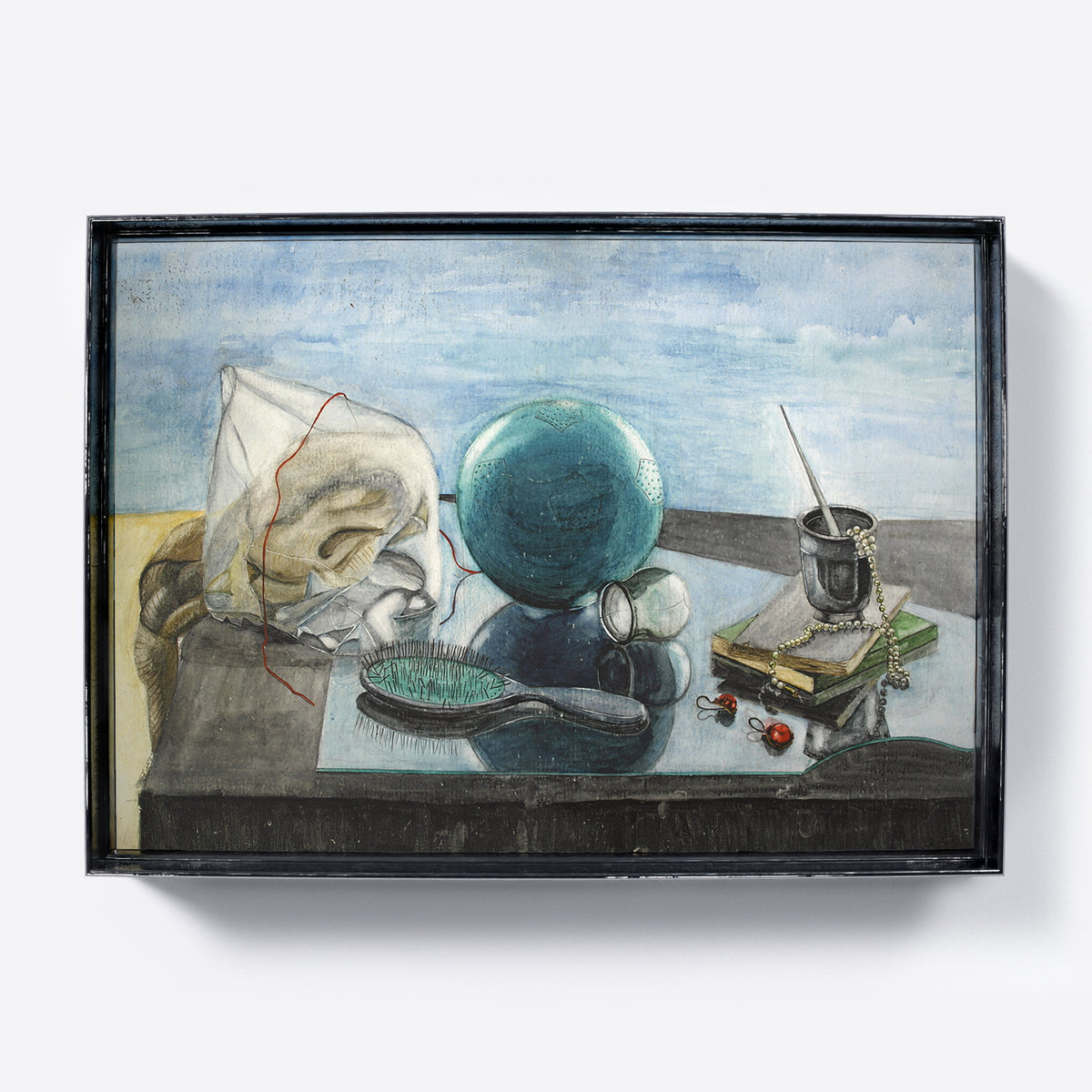 Framed figurative art print with blue-green ball, brush, books, white pearls and red diamond earrings on a glass, with a light blue sky on the background.