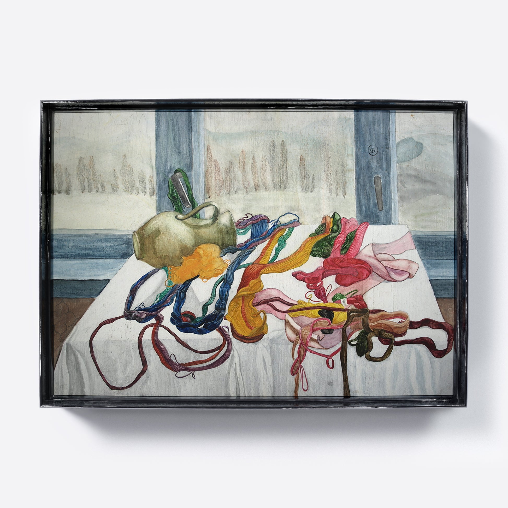 A framed artwork depicting a still life with various colored threads arranged on a table, with a window in the background.