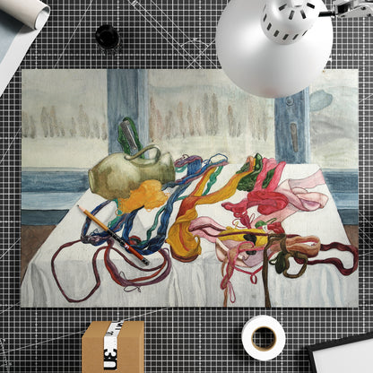 High quality limited edition figurative art print with colored threads arranged on a white table, with a window in the background and a winter landscape.