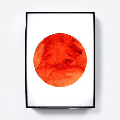 Intense red Sun, minimalist graphic art print.
