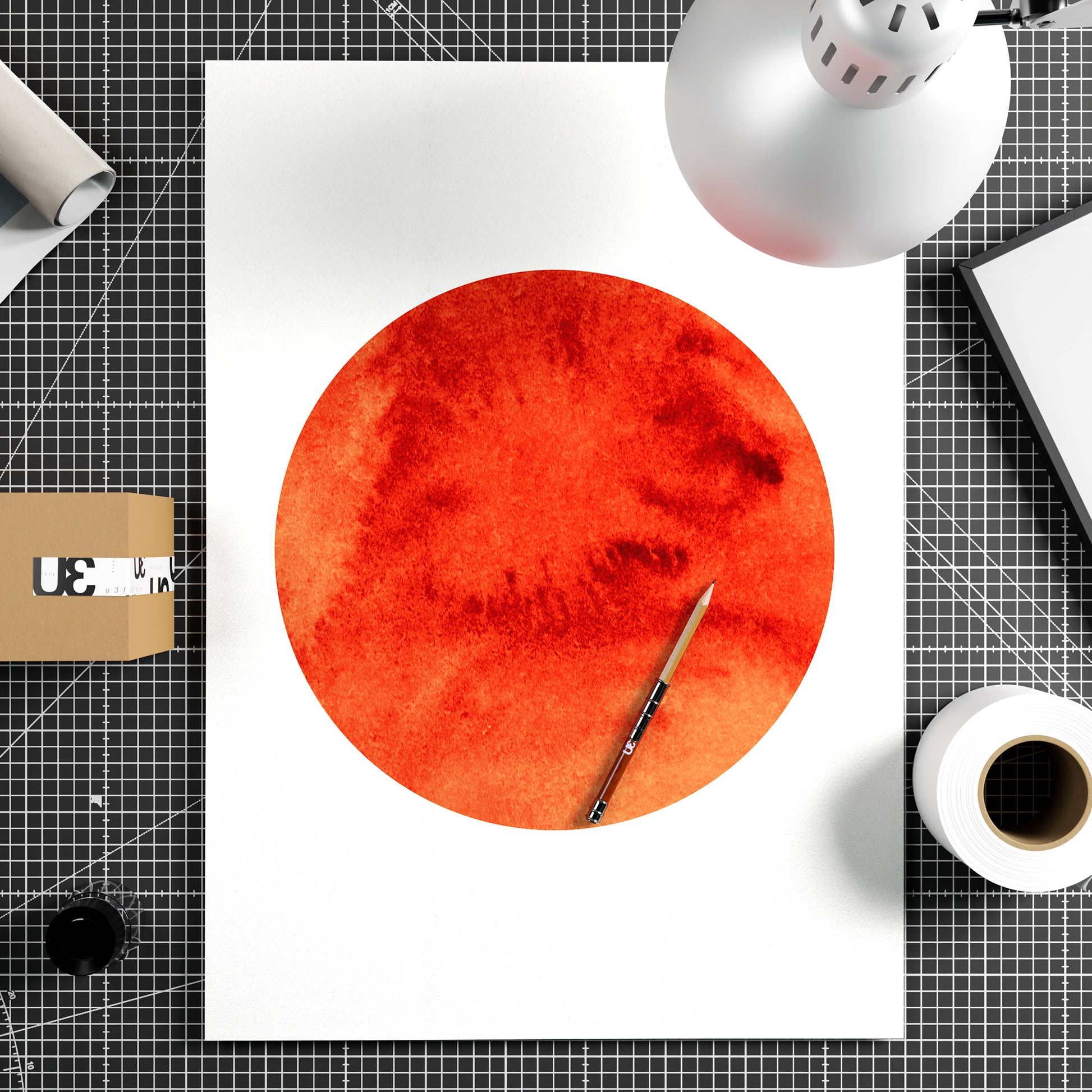 Intense red Sun, minimalist graphic art print on paper.