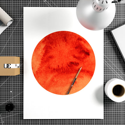 Intense red Sun, minimalist graphic art print on paper.