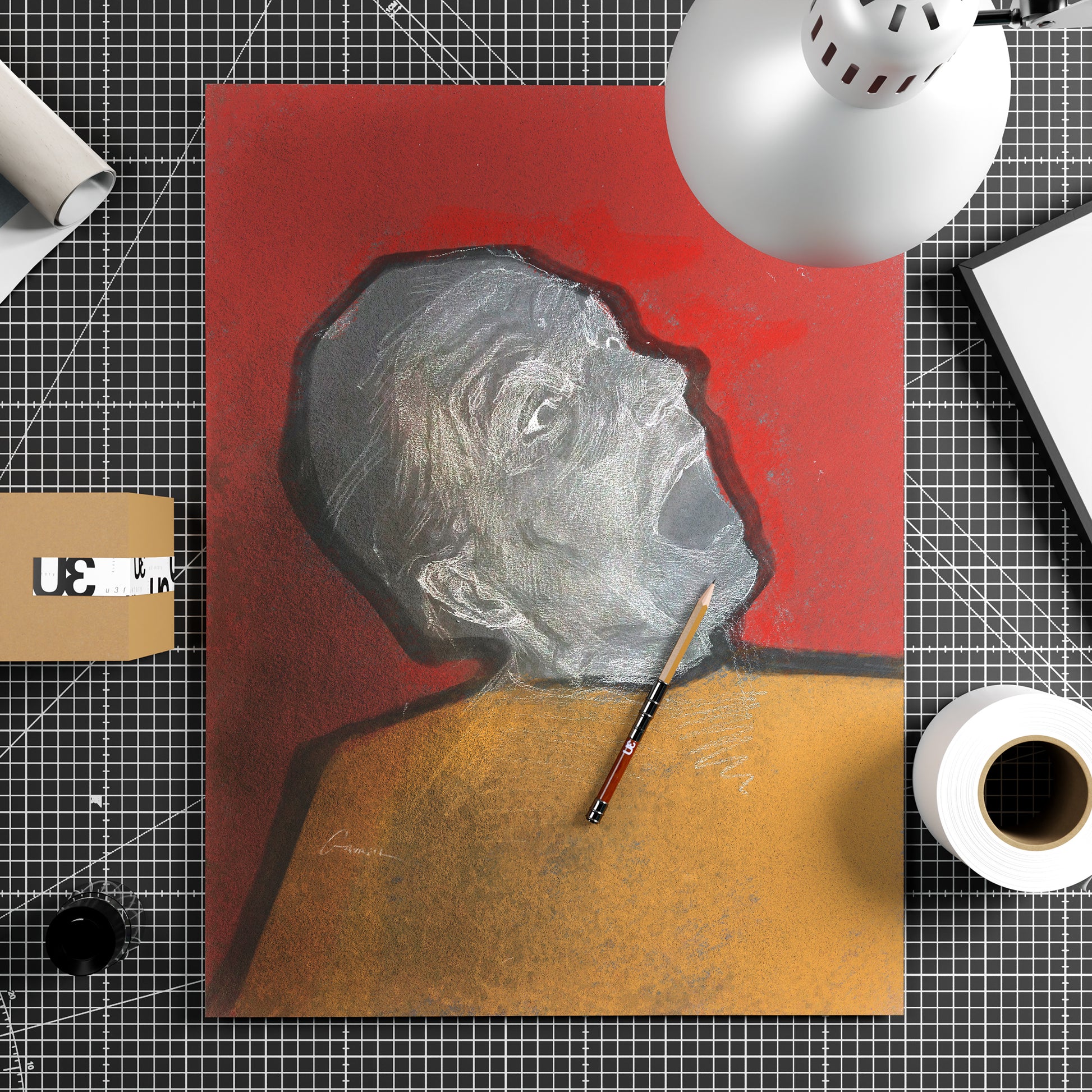An unframed contemporary art print depicting the portrait of a shouting actor sitting on top of a work table