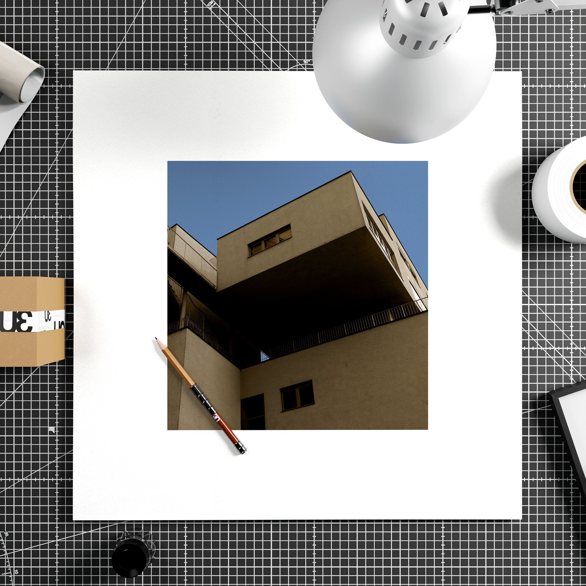 Brutalist, modern architectural corner in Vienna, urban photography art print on paper.