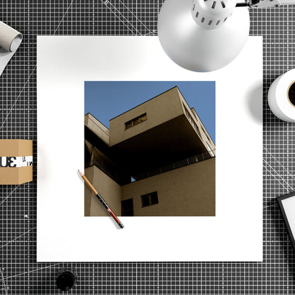 Brutalist, modern architectural corner in Vienna, urban photography art print on paper.