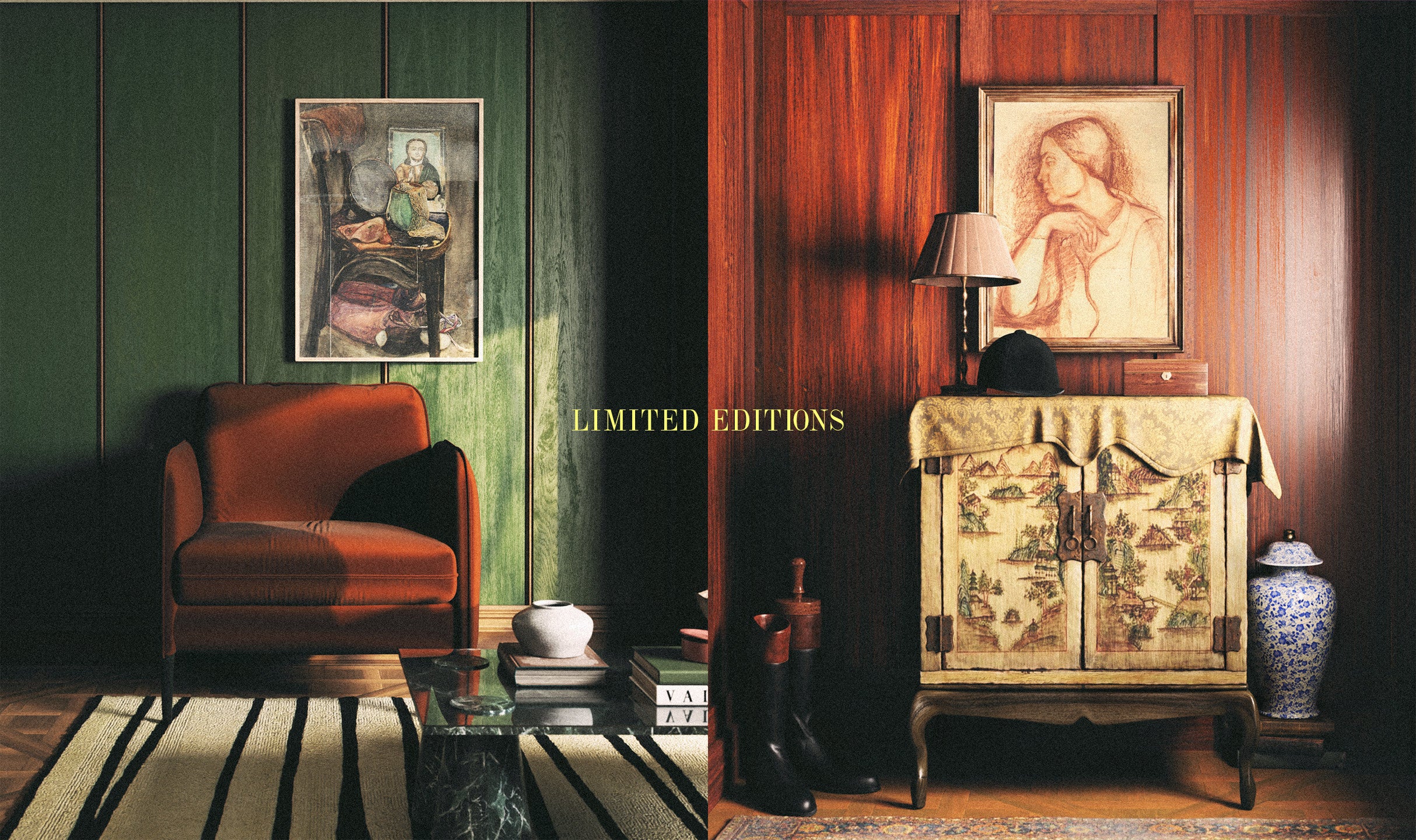 Two contrasting interiors side by side featuring two limited edition prints from the Limited collection.