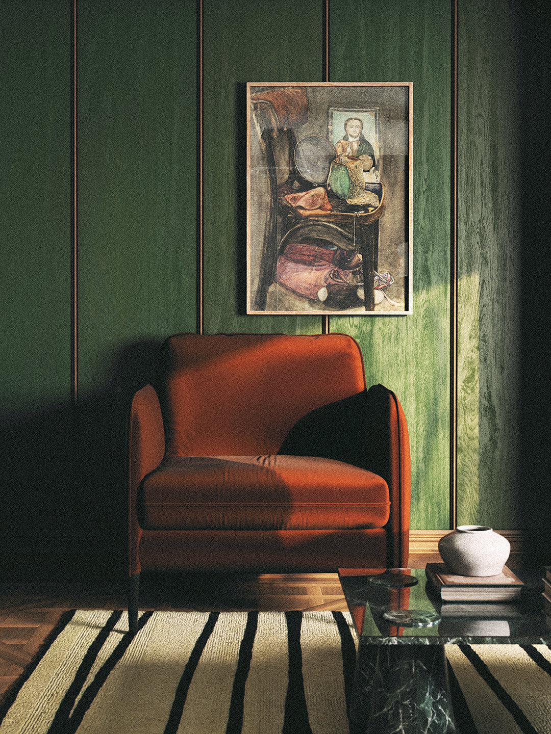 Moody interior with dark colors and a framed limited edition print on the wall from the Limited collection.
