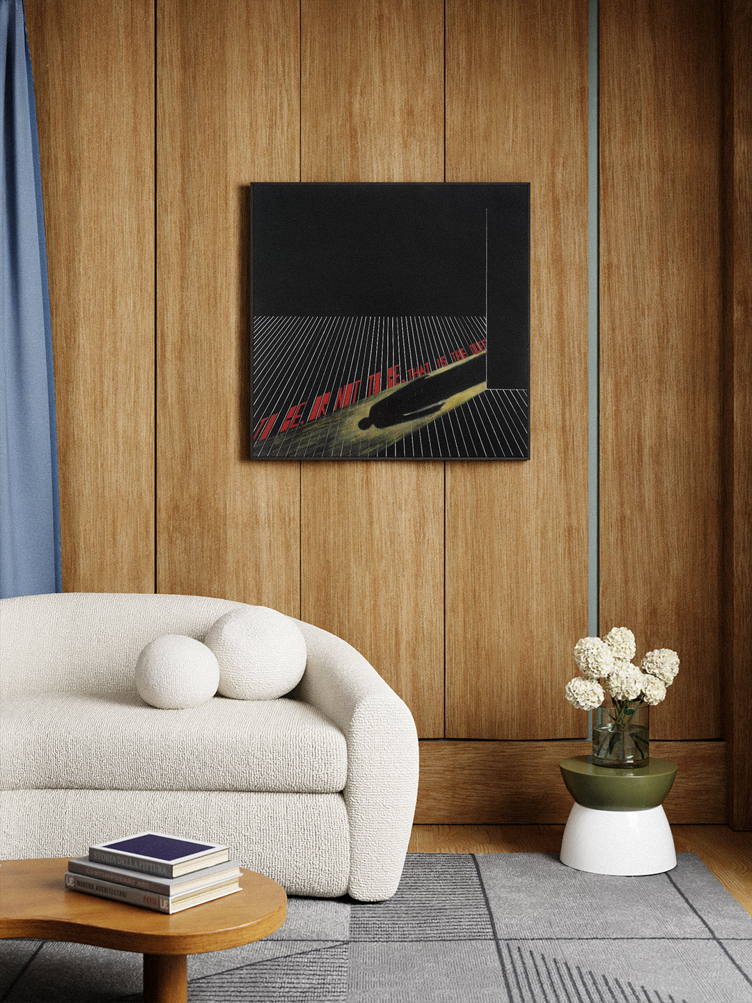 Modern living room with warm wooden tones and a framed original artwork on the wall from the Originals collection.