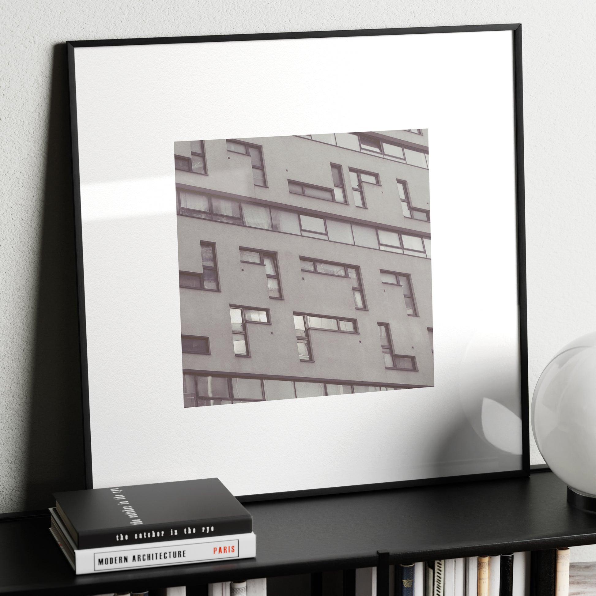 Modern, brutalist architecture, Vienna urban monochrome photography art print on a metallic sideboard.