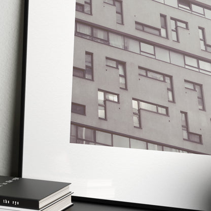 Detail of a modern, brutalist architecture, Vienna urban monochrome photography art print.