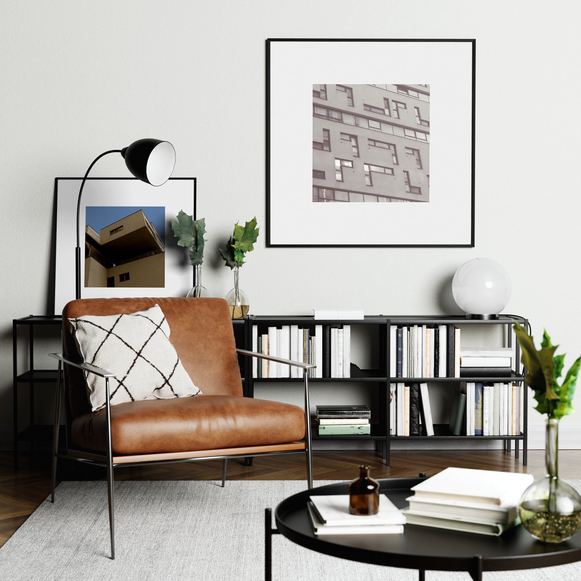 Modern, brutalist architecture, Vienna urban monochrome photography art print in  a bright interior.