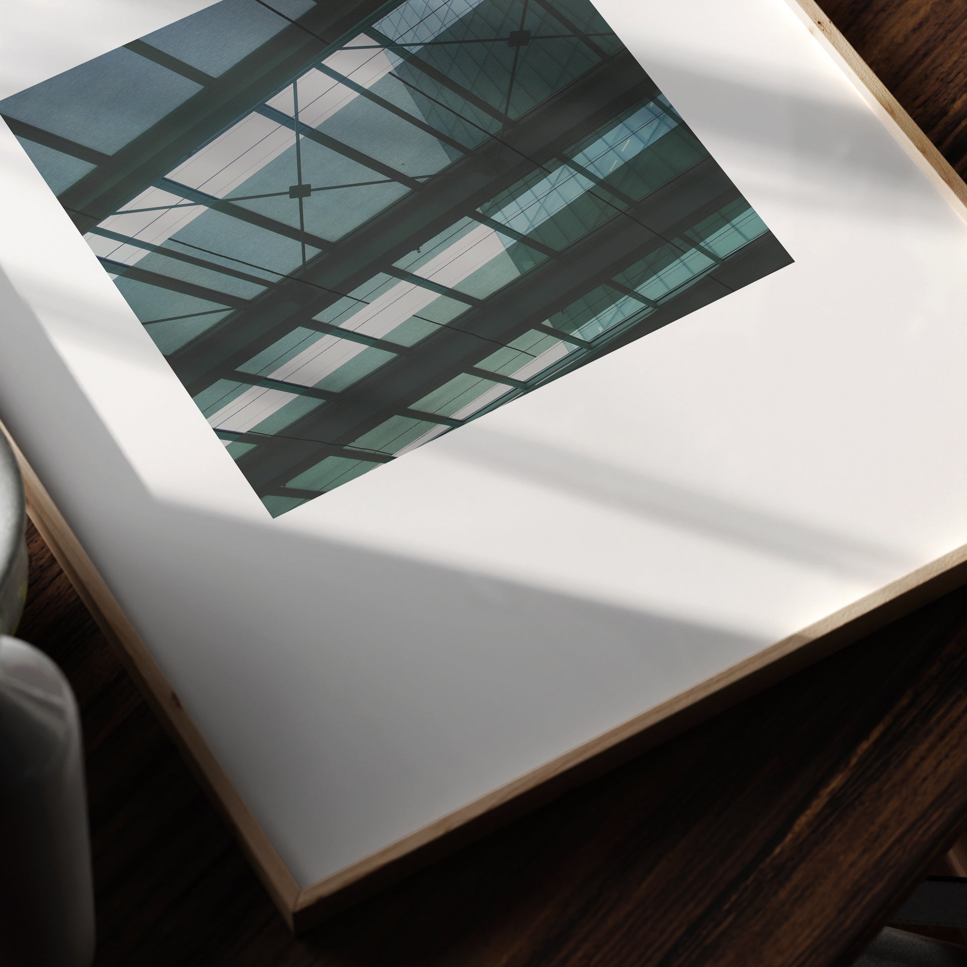 Detail of a green, monochrome, modern architectural photography art print.