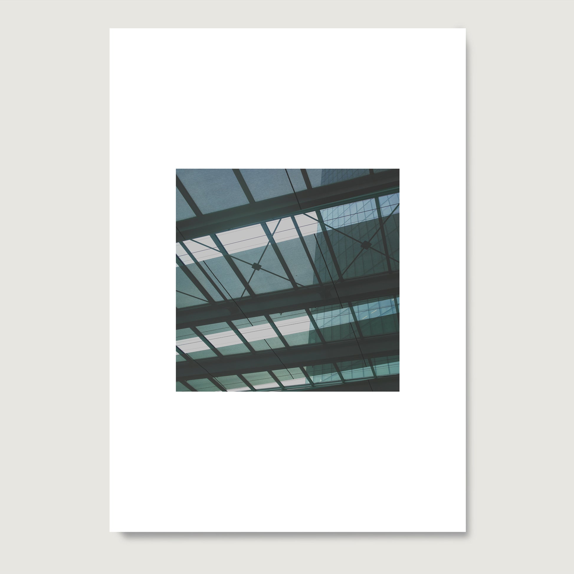 Green, monochrome, modern architectural photography art print on paper.