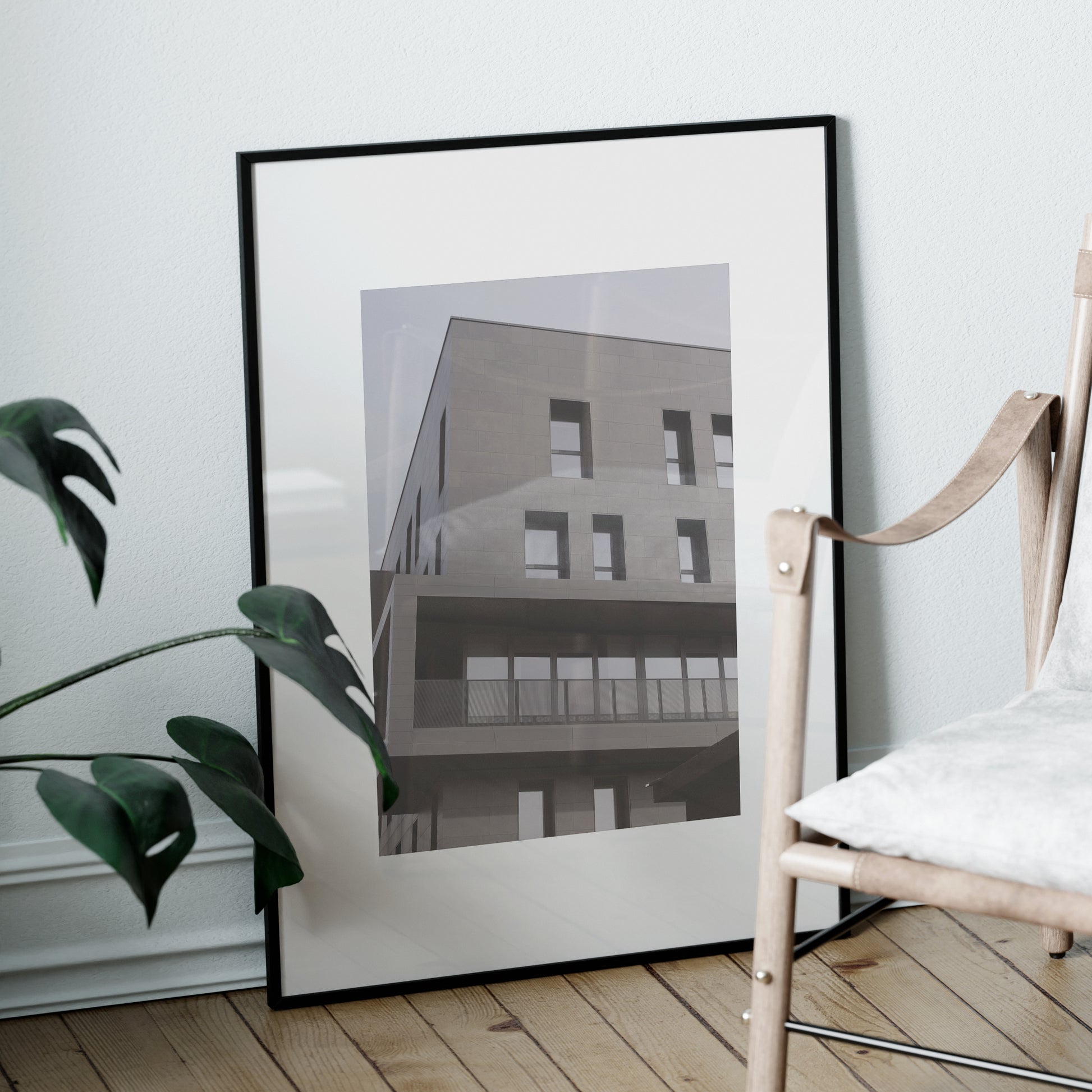 Contemporary architecture, monochrome urban photography art print in a black metallic frame.