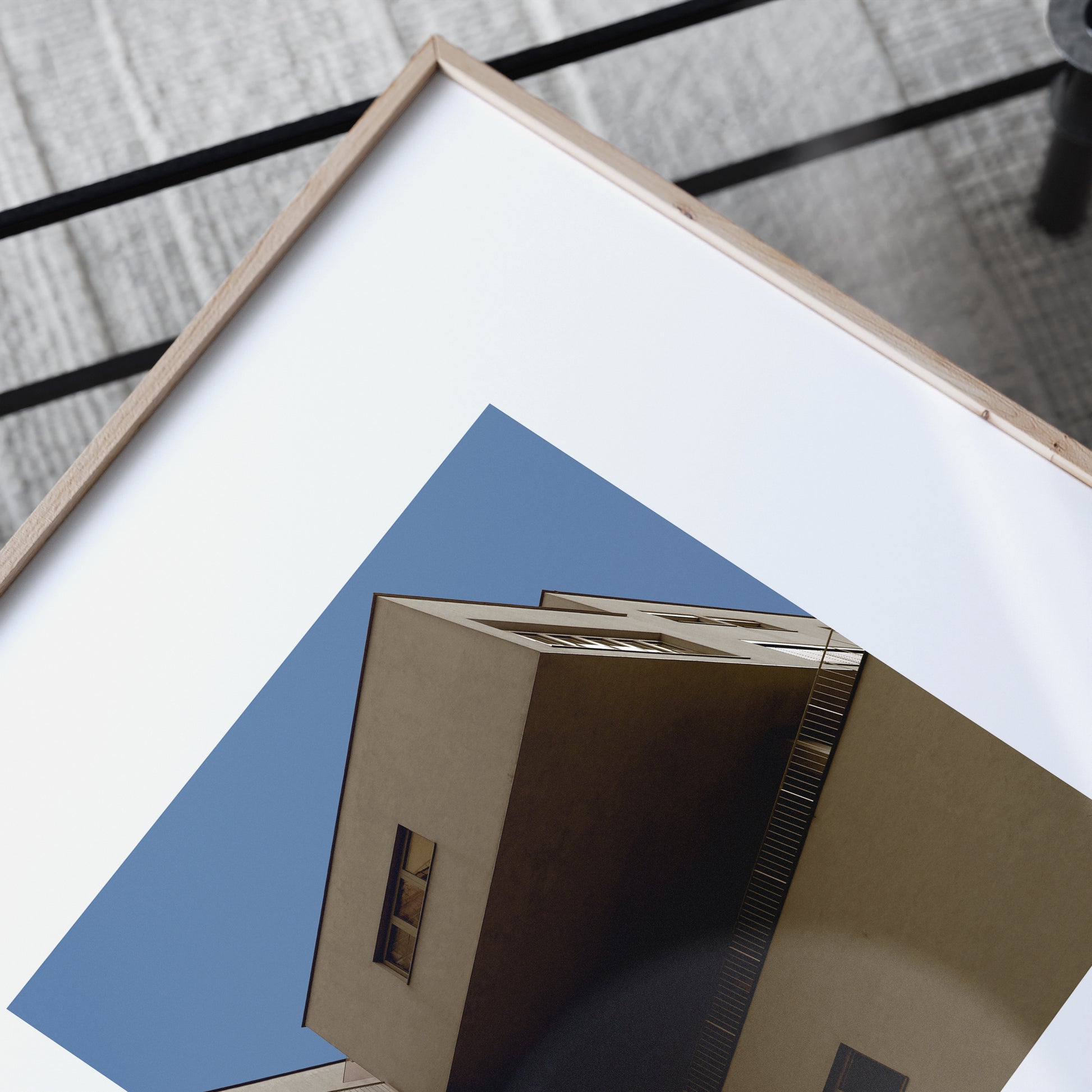 Detail of a brutalist, modern architectural corner in Vienna, urban photography art print.