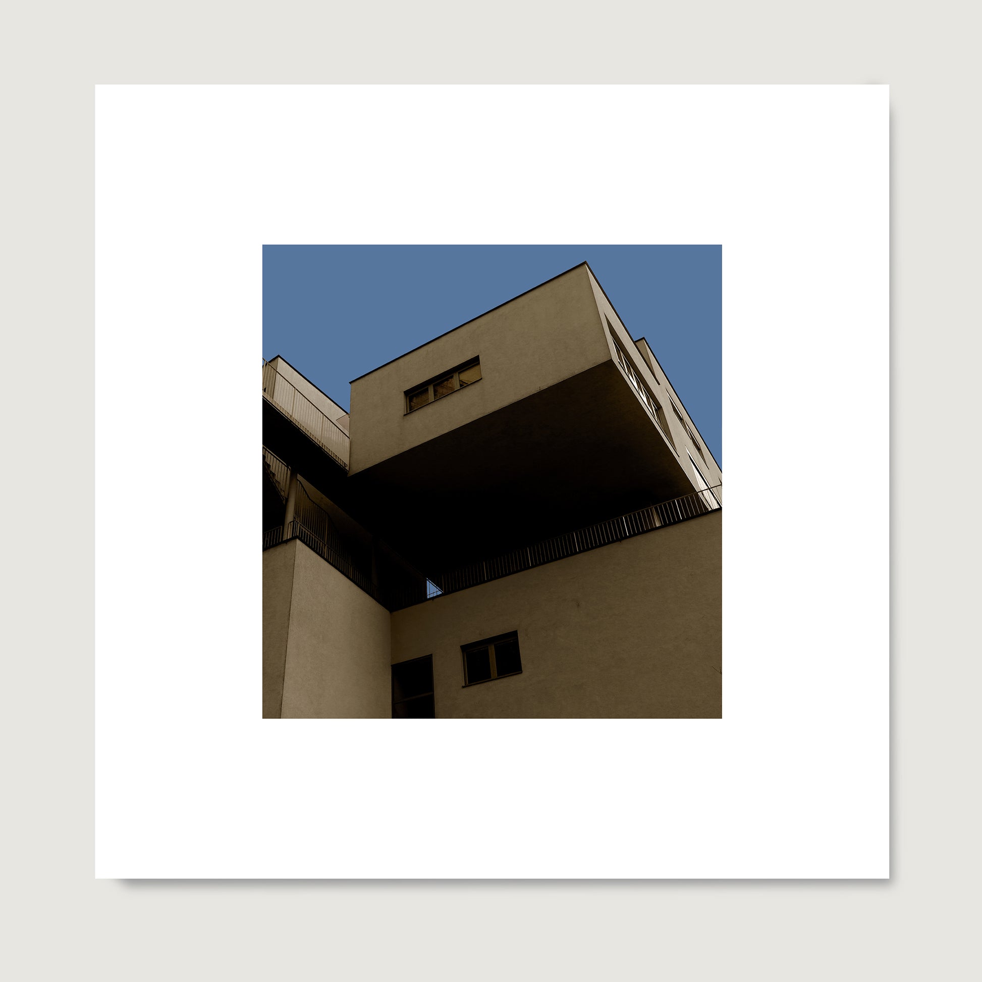 Brutalist, modern architectural corner in Vienna, urban photography art print on paper.