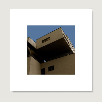Brutalist, modern architectural corner in Vienna, urban photography art print on paper.
