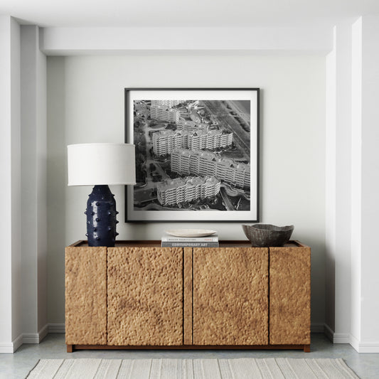 Black and white urban photography art print in a modern interior.