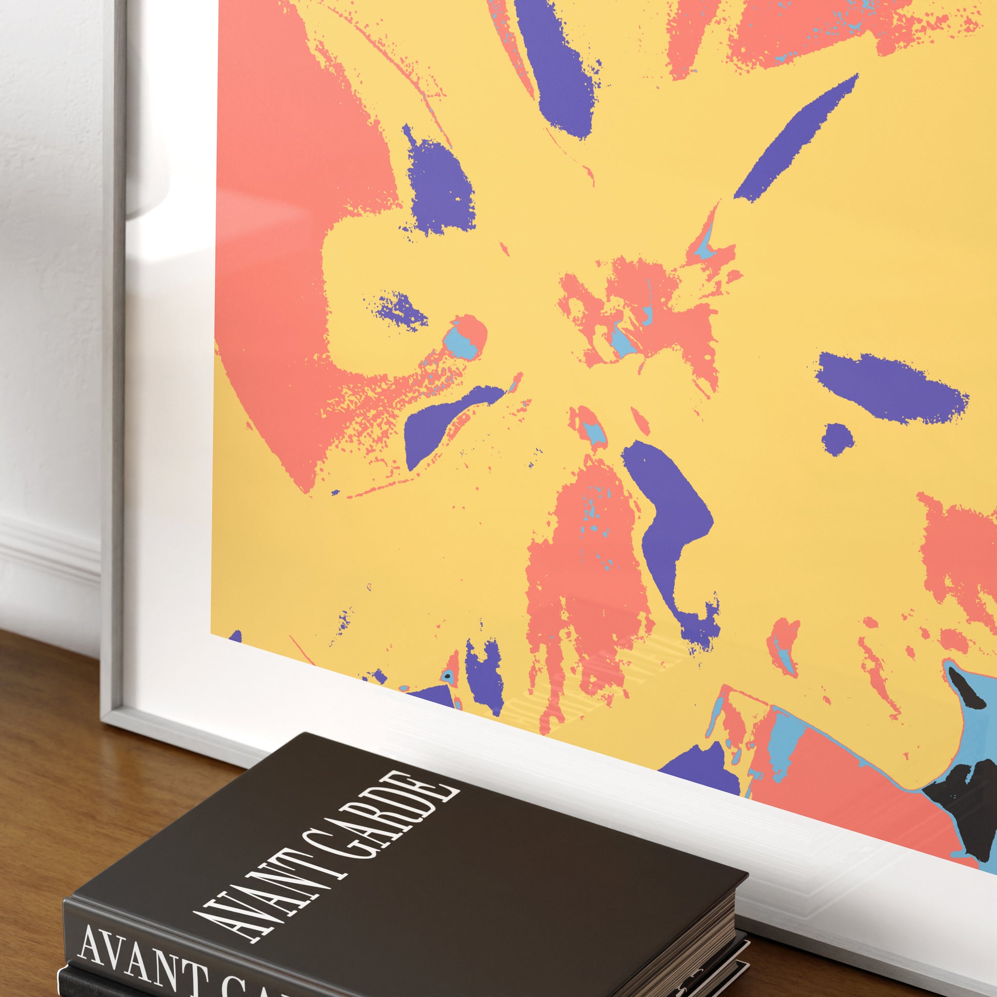 Detail of a colorful pop art print with a yellow flower.